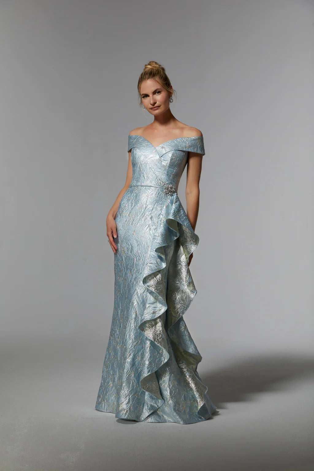 Light Blue MGNY Madeline Gardner New York 72926 Long Formal Metallic Evening Gown