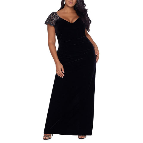 X by Xscape Womens Velvet V-Neck Formal Evening Dress